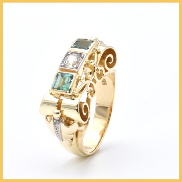 Ring | 585/000 Gelbgold | Diamant | Smaragd | Vintage