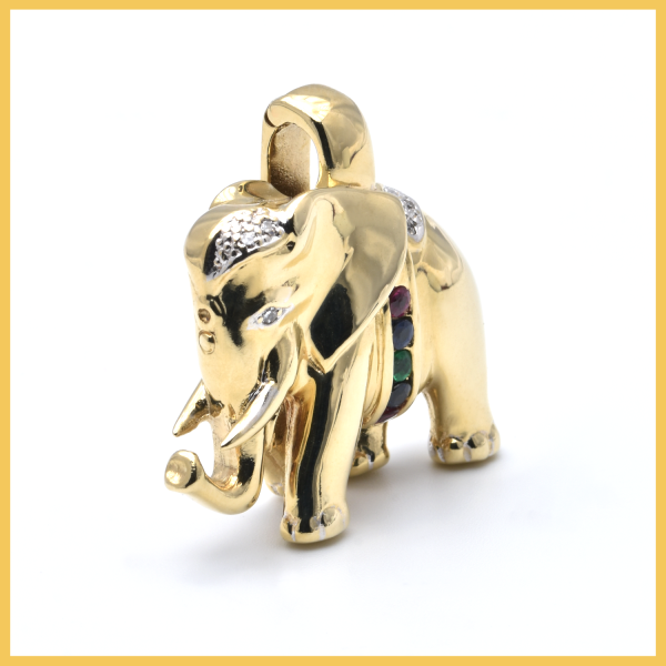 Anhänger Elefant | 585/000 Gold | Bicolor | Diamanten | Spinell | Smaragd