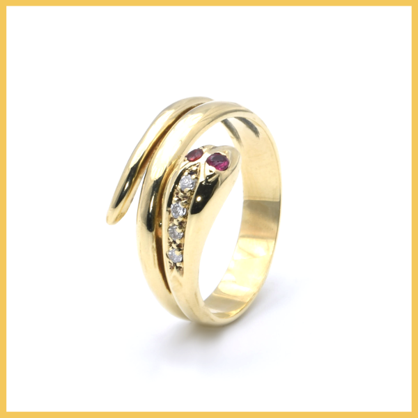 Ring | 585/000 Gelbgold | Schlange | Spinell | Brillanten