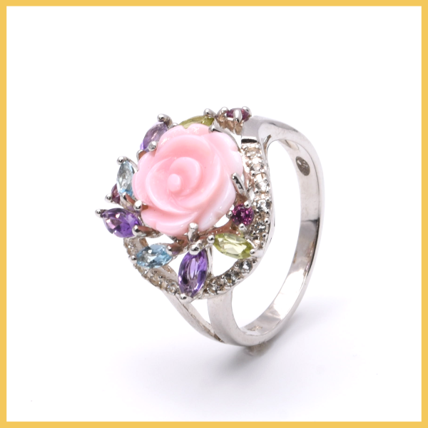 Floraler Ring | 375/000 Weißgold | Diamanten | Farbedelsteine
